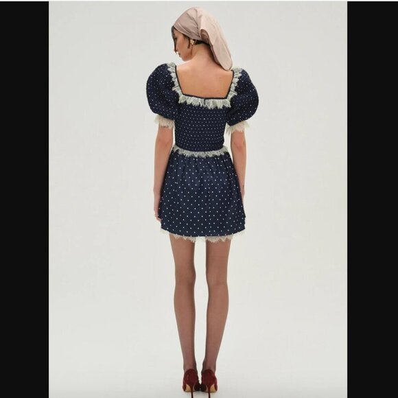 For Love & Lemons Ines Navy Blue & White Polka Dot Lace Trim Mini Dress S NWT - Picture 2 of 8
